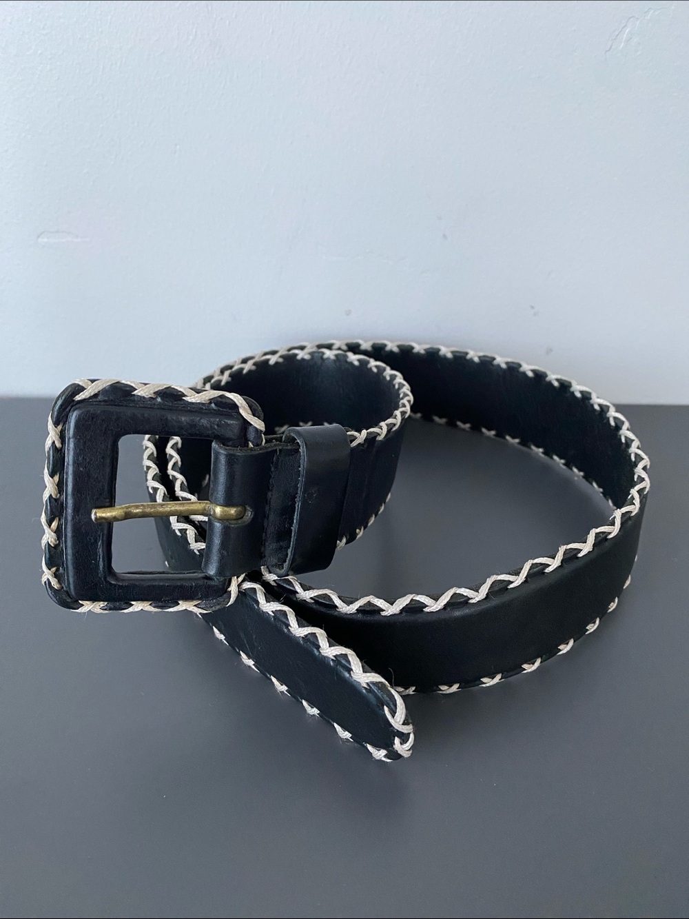 Nordstrom Black Leather Belt with Cream Contrast Stitching